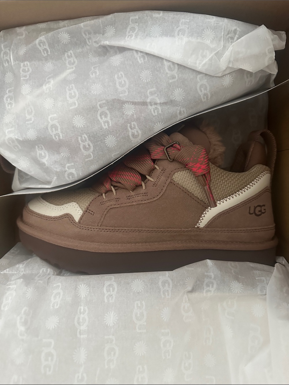 UGG Brown and Pink Accent Suede Low-Top Sneakers